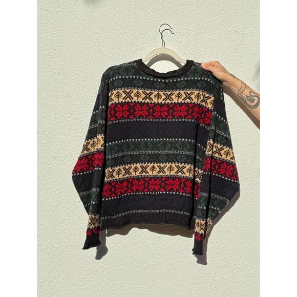 VTG Liz Claiborne 90s Fair Isle Knit Boxy Nordic Cropped Holiday Sweater - Picture 5 of 6